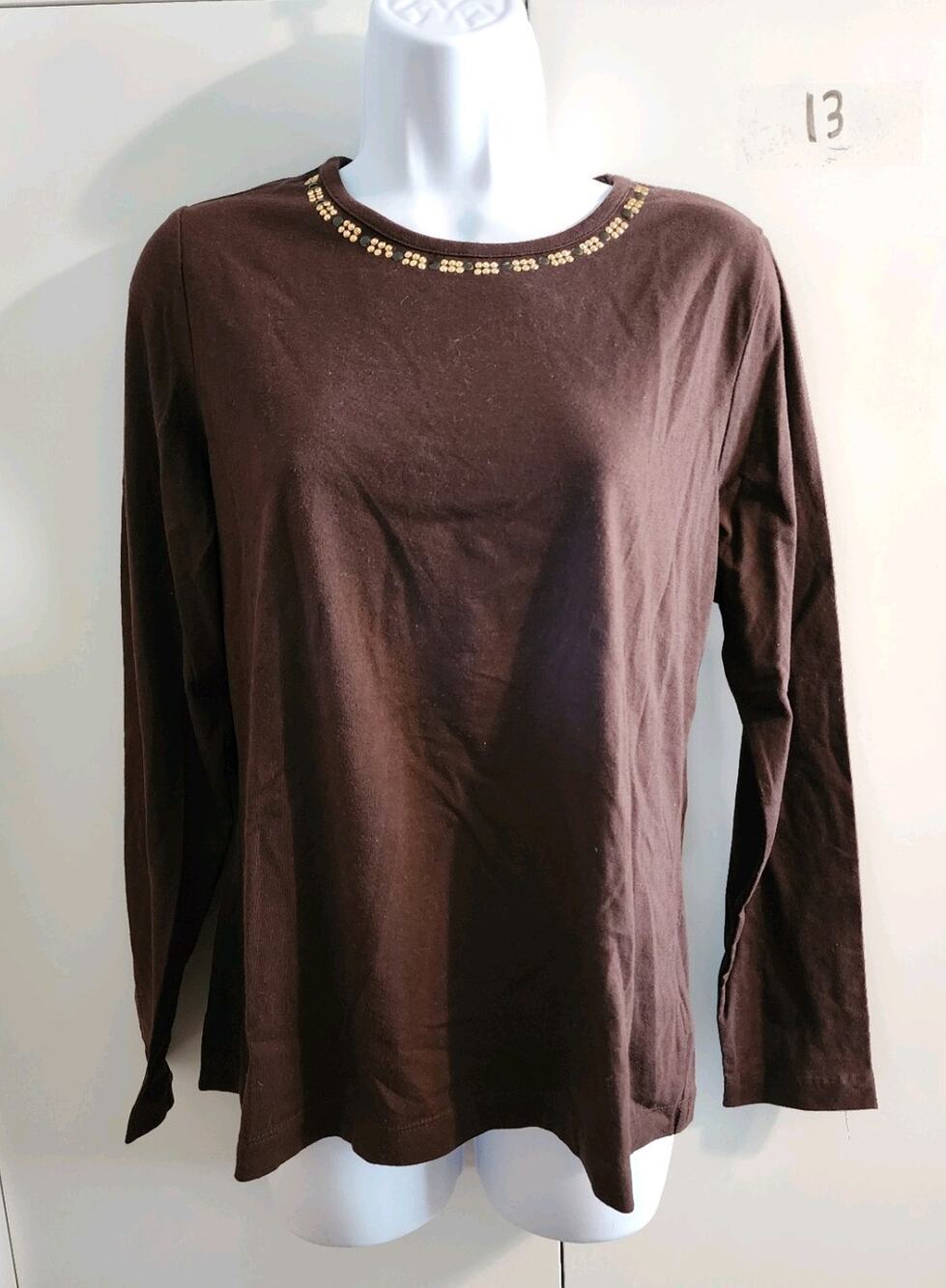 Y2K Laura Ashley Women S Brown Studded Rhinestone Neck Long Sleeve T-Shirt Top